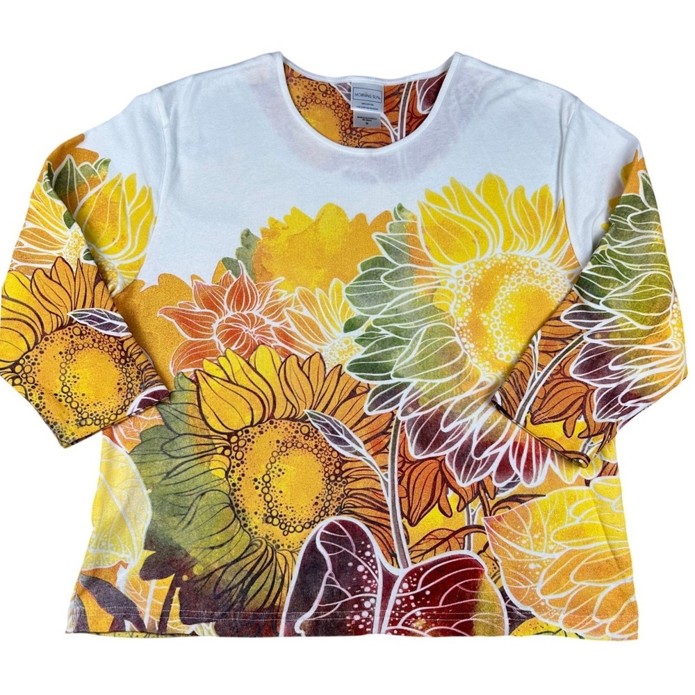 Morning Sun Sunflower Graphic Print Cotton 3/4 Sleeve T-Shirt Womens 2X